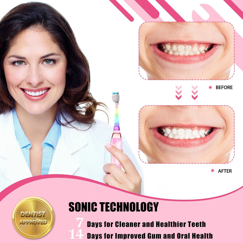 Dada-Tech Kids Electric Toothbrush, Sonic Childrens Battery Powered Soft Tooth Brush with Timer for Junior Boys and Girls Ages 2+, Rainbow Flashing LED Light, Waterproof, 3 Brush Heads (Pink) Pink - BeesActive Australia