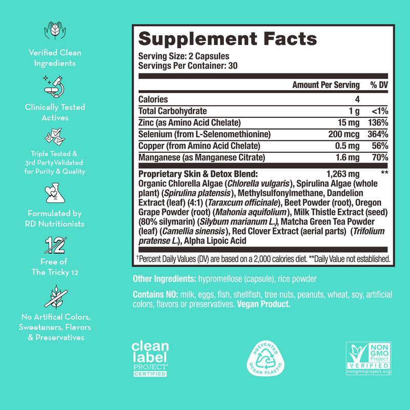 HUM Daily Cleanse Acne Supplements - Support for Clear Skin & Improved Digestion with Organic Algae, Detoxifying Herbs, Vitamins & Minerals - Skin Supplement for Women and Men (60 Vegan Capsules) - BeesActive Australia