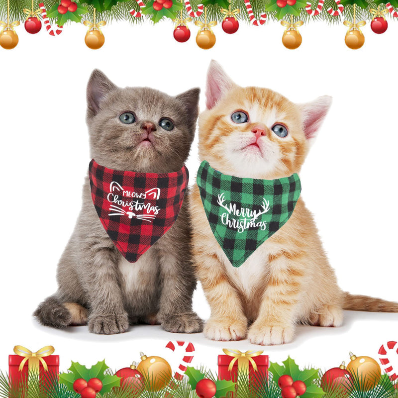 ADOGGYGO Christmas Cat Collars Breakaway with Bell, 2 Pack Adjustable Cat Bandana Collar with Merry Christmas Pattern, Red Green Plaid Cat Christmas Collars for Cats Kittens - BeesActive Australia