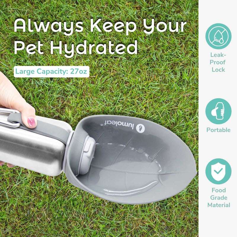 LumoLeaf Portable Dog Water Bottle 27 OZ, Stainless Steel Pet Travel Water Bottle Dispenser for Walking, Hiking and Outdoor, Portable Water Bowl for Large Dogs Grey - BeesActive Australia