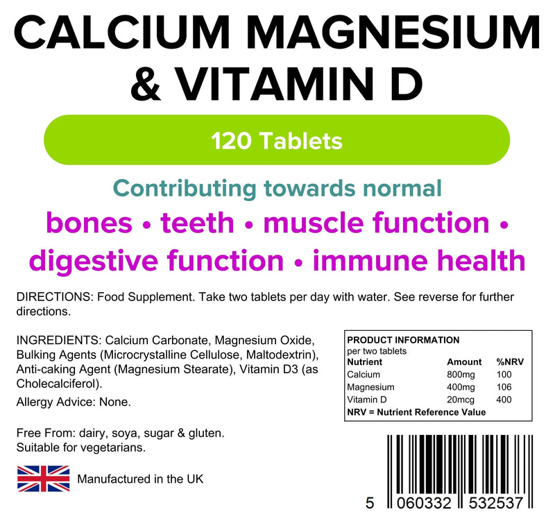 Lindens Calcium Magnesium & Vitamin D Tablets - 120 Pack - Contributes towards bone health, supports normal muscle function, healthy teeth & general immune health - UK Manufacturer, Letterbox Friendly - BeesActive Australia
