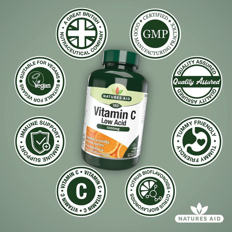 Natures Aid | Vitamin C - 1000Mg Low Acid 180 Tablets | 1 X 180 Tablet Vitamin C Low Acid 1000Mg, 180 Tablets - BeesActive Australia