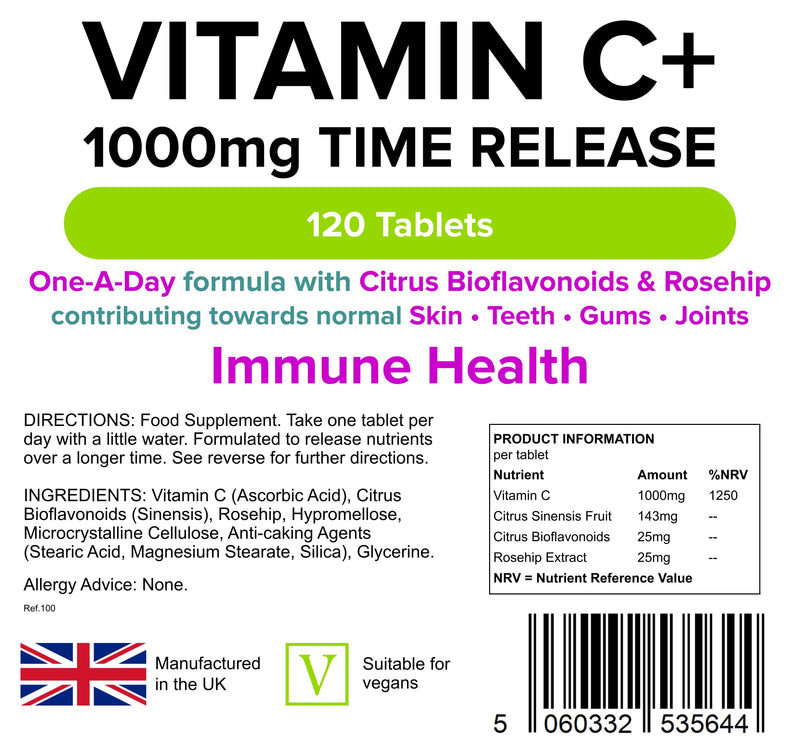 Lindens Vitamin C+ 1000mg Time Release Tablets - 120 Pack - with Citrus Bioflavonoids and Rosehip - Contributes to Immune System Health, Reduces Tiredness and Supports Healthy Skin and Teeth 120 Count (Pack of 1) - BeesActive Australia