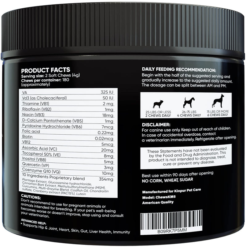 15-in-1 Dog Multivitamin Supplements - Immunity, Digestion, Joint and Heart Health Support - Natural Dog Vitamins with Biotin, Msm, Cranberry, Glucosamine for Dogs - 180 Soft Chews with Duck Flavor - BeesActive Australia
