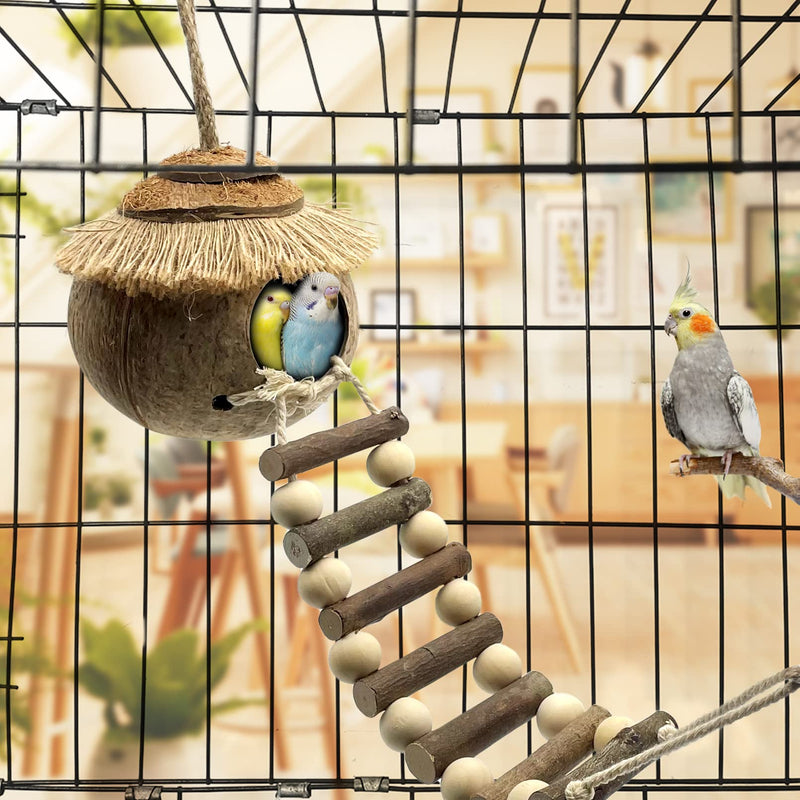 Tfwadmx Hanging Bird House with Ladder Natural Coconut Fiber Birds Nest Coco Shell Hideaway Lovebird Swing Toys Parrot Cage Accessories for Parakeet Finch Parrot Canary - BeesActive Australia