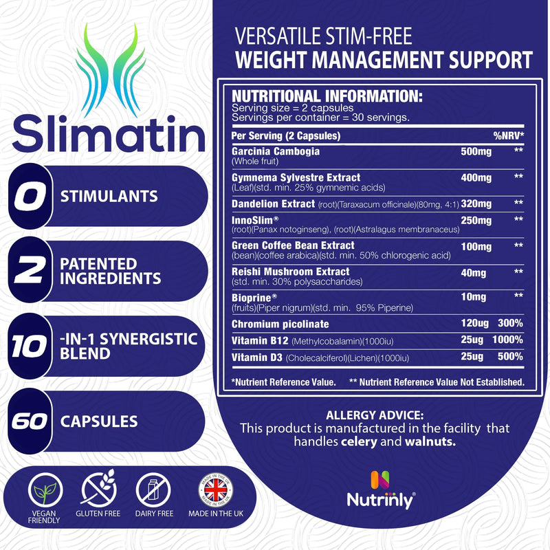 Slimatin Natural Weight Loss Pills for Women and Men | Keto Friendly, 30 Servings - 10 in 1 - with Pure Garcinia Cambogia, Gymnema Sylvestre, Dandelion, InnoSlim & More - Made in The U.K - BeesActive Australia
