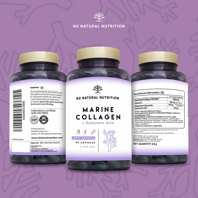 Marine Collagen with Hyaluronic Acid for Skin Care, Hair Care, Joints. Magnesium, Vitamin C. Hydrolysed Collagen Supplements. Anti Aging. Best Collagen PEPTAN. 90 Veggie Caps. EU. N2 Natural Nutrition 90 capsules - BeesActive Australia