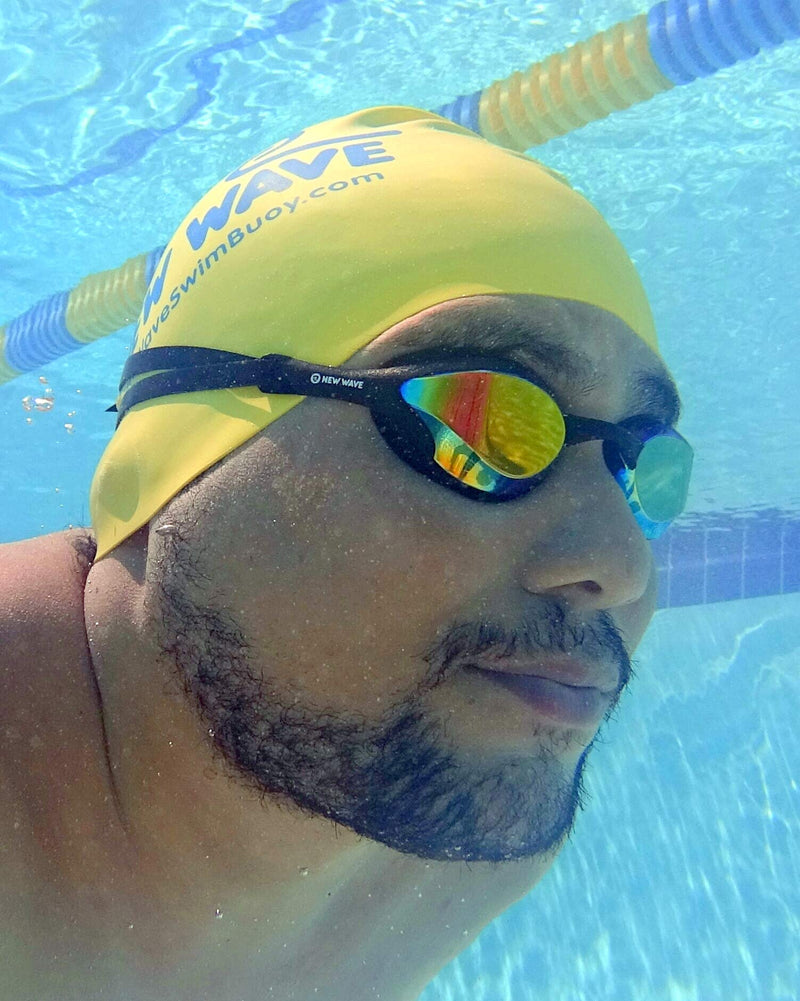 New Wave Swim Goggles with Protective Storage Case - Anti Fog Lenses, Four Nose Bridges for Triathlon & Open Water Swimming Bonfire = Revo Lens in Black Frame - BeesActive Australia