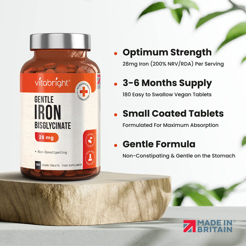 Gentle Iron Tablets 28mg - 180 Vegan Tablets (3 Month Supply of Iron Supplements) Gentle Iron Bisglycinate Chelate for Men & Women. 200% NRV Iron Pills for Tiredness & Fatigue, Blood & Immune System - BeesActive Australia