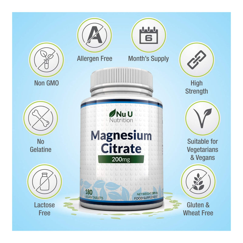 Magnesium Citrate 200mg | 180 Tablets for 6 Month Supply of Magnesium Tablets | Made in The UK by Nu U Nutrition - BeesActive Australia