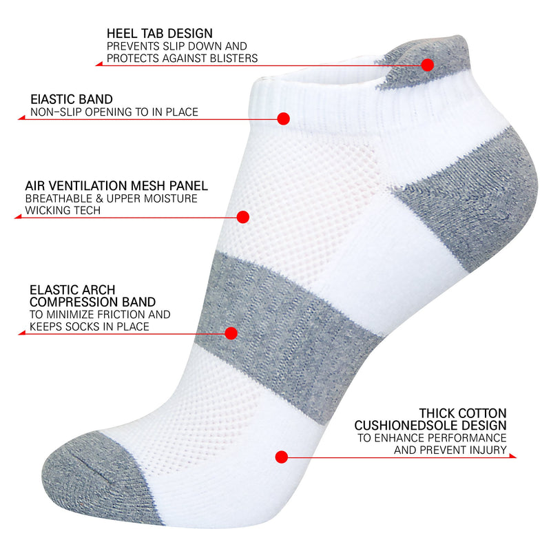 [AUSTRALIA] - KONY 6 Pairs Women's Cotton Cushion Running Athletic Low Cut Ankle Tab Socks, Size 6-9 - All Season Gift White/Grey Stripe 