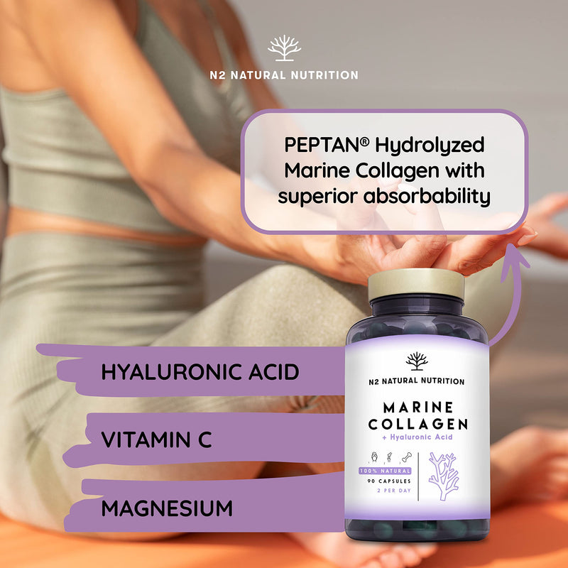 Marine Collagen with Hyaluronic Acid for Skin Care, Hair Care, Joints. Magnesium, Vitamin C. Hydrolysed Collagen Supplements. Anti Aging. Best Collagen PEPTAN. 90 Veggie Caps. EU. N2 Natural Nutrition 90 capsules - BeesActive Australia