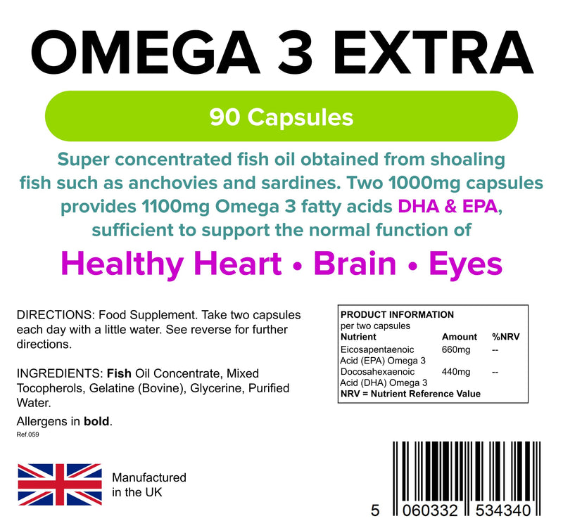 Lindens Omega 3 Extra Fish Oil 1000mg Capsules - 90 Pack - 1100mg Omega 3 Fatty Acids Dha & Epa Per 3 Capsules and Supports Normal Function of Healthy Heart, Brain & Eyes - UK Manufacturer, Letterbox Friendly - BeesActive Australia