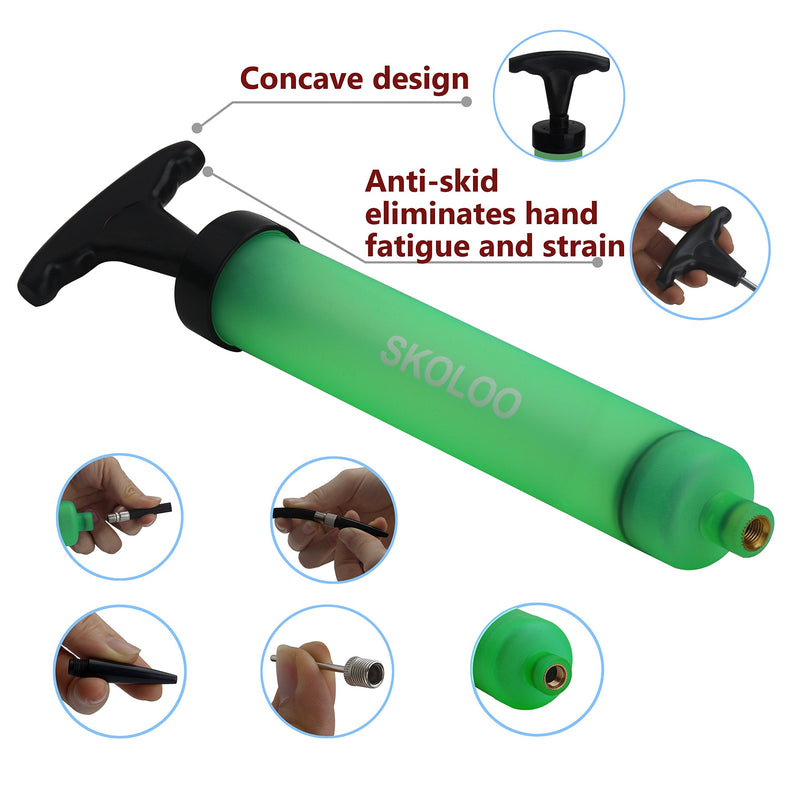 Skoloo 10" Portable Hand Air Ball Pump Inflator Kit with Needle, Nozzle, Extension Hose for Soccer Basketball Football Volleyball Water Polo Rugby Exercise Sports Ball Balloon Swim Inflatables Green - BeesActive Australia