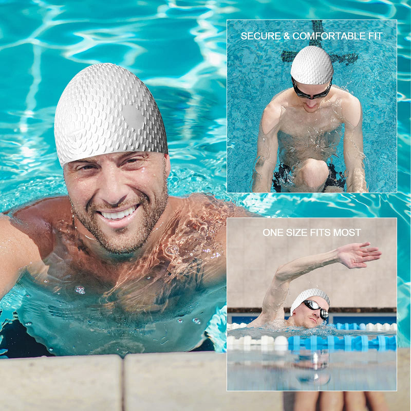 Swim Cap Unisex Adult Durable & Flexible Silicone Swimming Cap Ear Protection 3D High fit Keep Dry white - BeesActive Australia