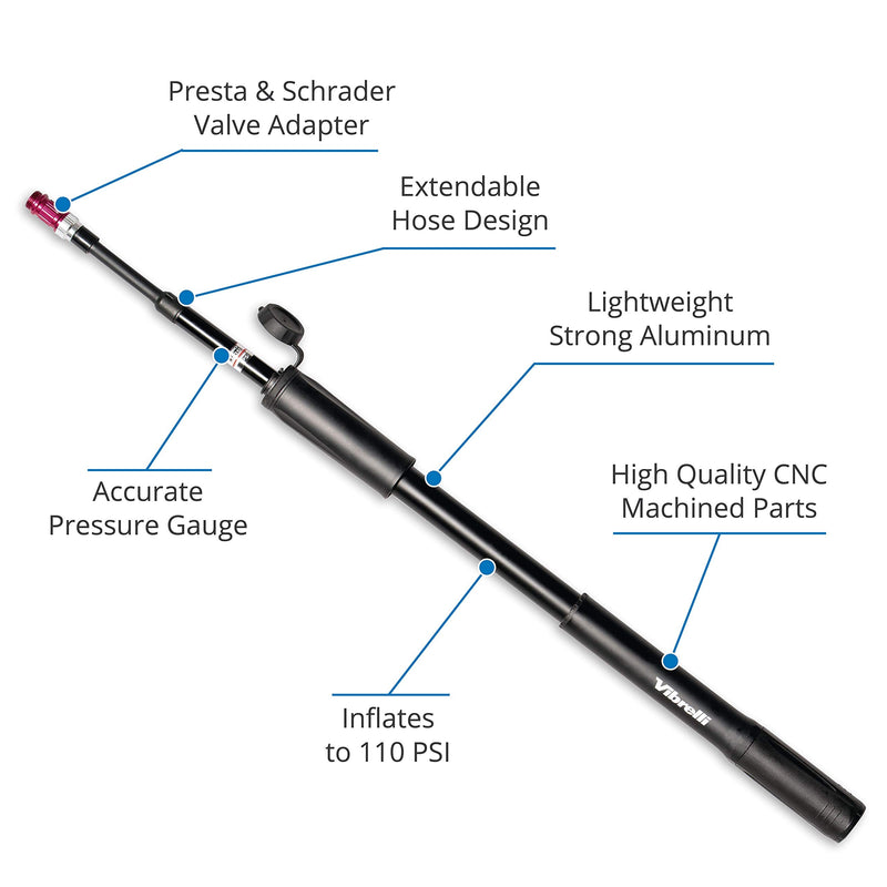 Vibrelli Mini Bike Pump with Gauge - Presta & Schrader - Accurate High Pressure 110 PSI - Portable Bicycle Pump for Road, Mountain, BMX Bike Tires - Mounting Bracket Included - BeesActive Australia