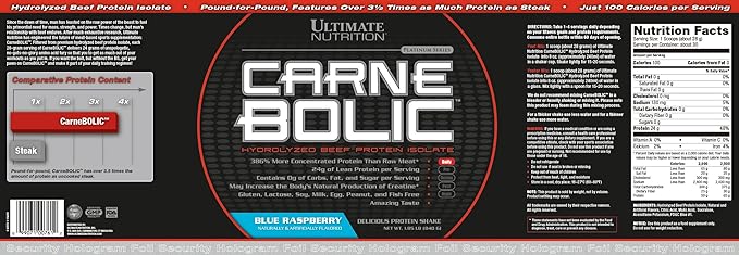 Ultimate Nutrition Carne Bolic Beef Protein Powder, Lactose Free Protein Shakes, Paleo and Keto Friendly with No Sugar or Carb, Low Calorie Isolate Powder, 30 Servings, Blue Raspberry - BeesActive Australia