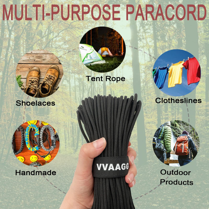 VVAAGG 550 Paracord 100FT, Heavy-Duty Parachute Cord, Outdoor Camping Gear Tent Rope Black - BeesActive Australia