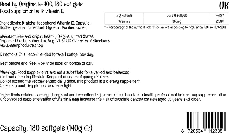 Healthy Origins, Natural Vitamin E, 400IU, 180 Softgels, Lab Tested, Gluten Free, Non-GMO - BeesActive Australia