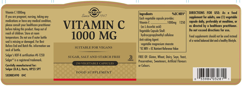 Solgar 1000 mg Vitamin C Vegetable Capsules - Pack of 250 - Contributes to a Healthy Immune System - Free from Sugar, Salt and Starch - Vegan - BeesActive Australia