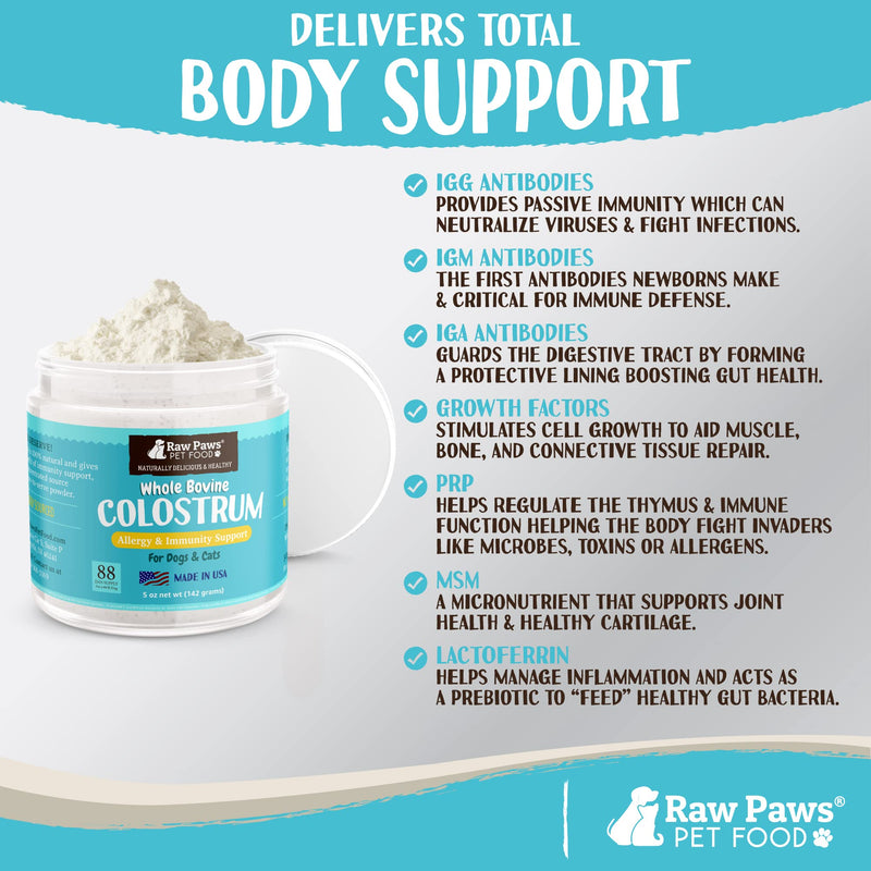 Raw Paws Pet Bovine Colostrum for Dogs Allergies & Immune Support, 5-oz - Made in USA, Pure Bovine Colostrum Powder for Cats - Bovine Colostrum Dogs Daily Supplement - Colostrum for Puppies & Kittens - BeesActive Australia