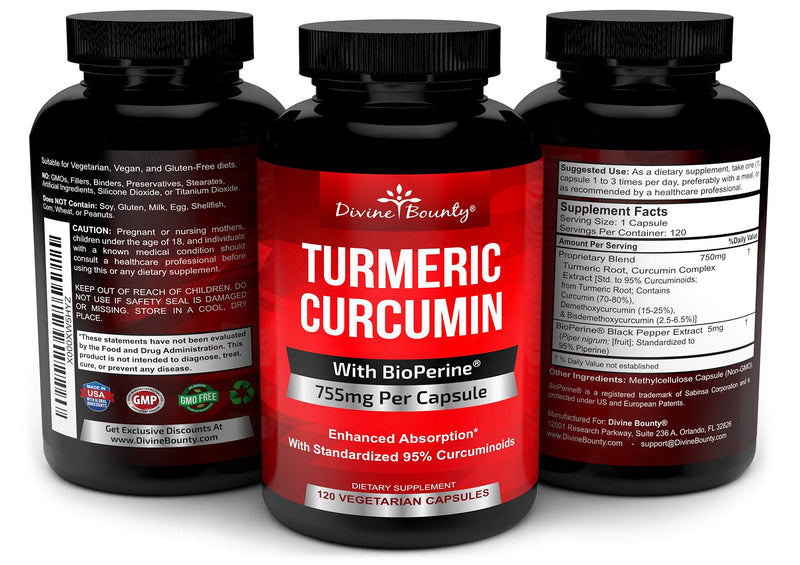 Turmeric Curcumin with BioPerine Black Pepper Extract - 750mg per Capsule, 120 Veg. Capsules - GMO Free Tumeric, Standardized to 95% Curcuminoids for Maximum Potency - BeesActive Australia