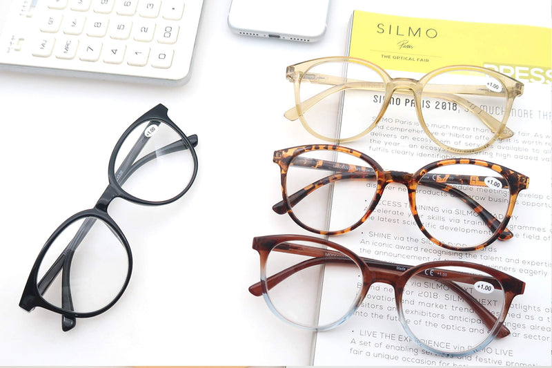 MODFANS 4-Pack Reading Glasses Fashion Printed for Men Women,Readers Glasses Round Frame Comfort Spring Hinges,Eyeglasses(4 Brown) +0.50 4 Brown - BeesActive Australia