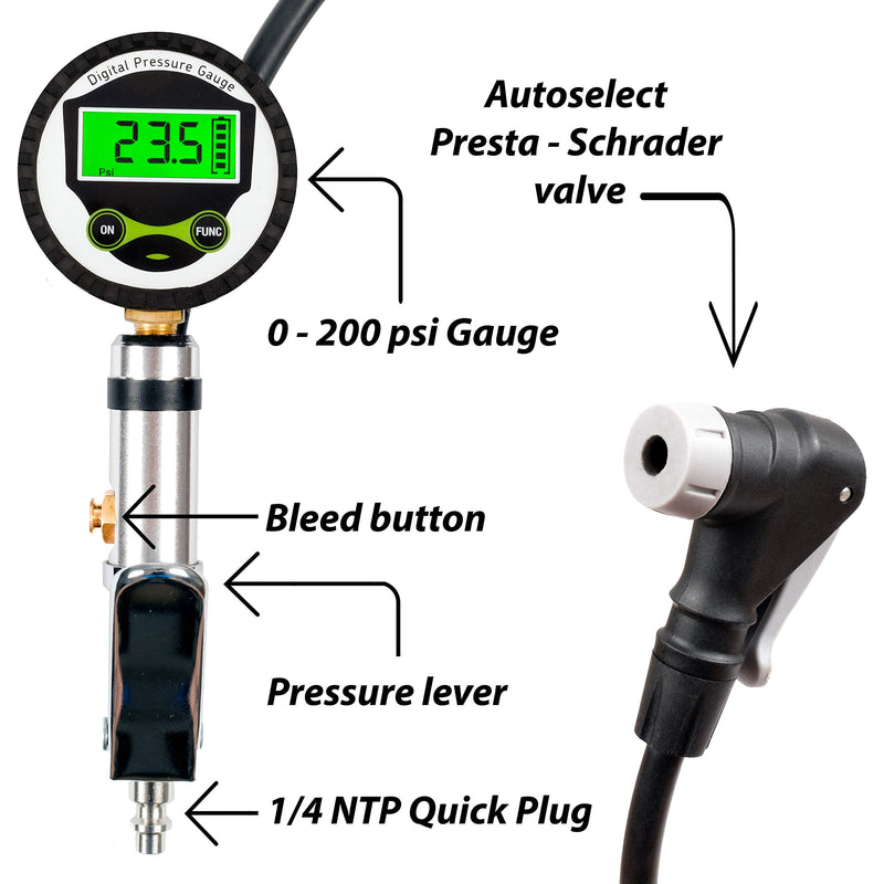 Digital Bicycle Tire Inflator Gauge with Auto-Select Valve Type - Presta and Schrader Air Compressor Tool - BeesActive Australia