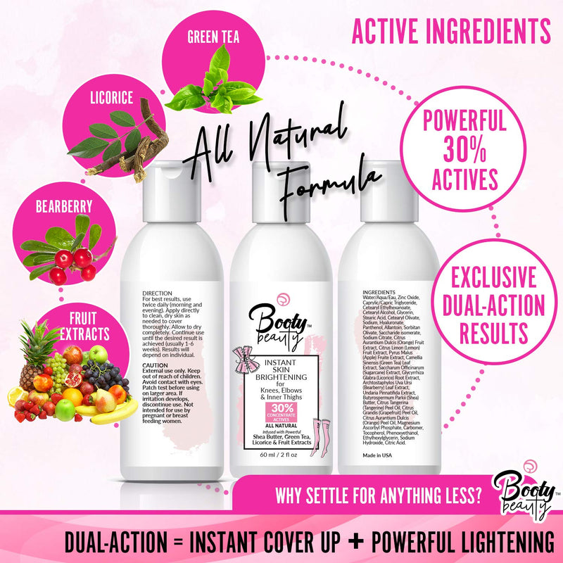 BOOTY BEAUTY - Body Lightening Lotion - No Hydroquinone - All-Natural, Fastest, Strongest, Safest. All Over Use. Knees, Elbows, Inner Thighs 2 Fl Oz (Pack of 1) - BeesActive Australia