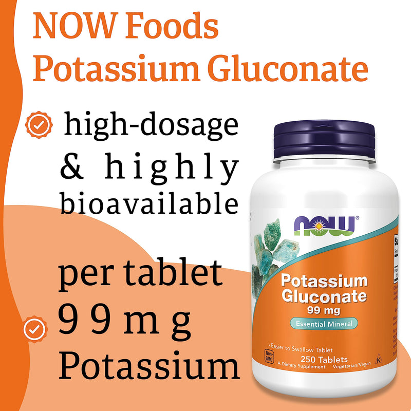 Now Foods, Potassium Gluconate, 99mg, 250 Vegan Tablets, Lab-Tested, Gluten Free, Soy Free, Vegetarian, Non-GMO Orange 240 g (Pack of 1) - BeesActive Australia