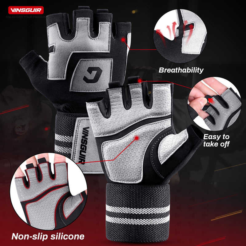 Vinsguir Workout Gloves for Men & Women - Multifunctional Weight Lifting Gym Gloves with Wrist Wraps Support, Full Palm Protection for Weightlifting, Training, Fitness, Exercise, Pull ups Grey Large(7-7.6 in) - BeesActive Australia