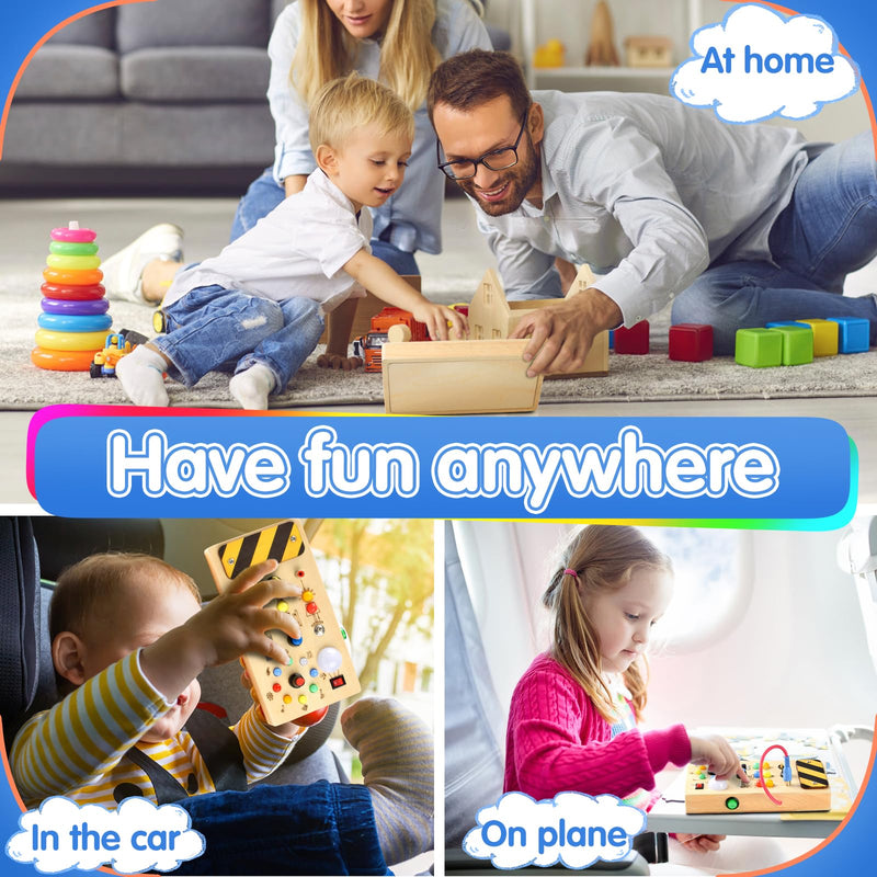POLKRANE Busy Board with LED Light,Montessori Toys with Toggle Switch,Travel Toys and Wooden Toy for Educational Toddler Activities for 1 2 3 4 Year Old Boys & Girls (Rainbow) Rainbow - BeesActive Australia