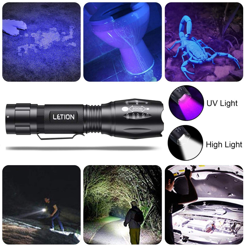 LETION UV Flashlight, LED UV Torch 2 in 1 UV Black Light with 500LM Highlight & 4 Mode & Waterproof for Pet Clothing Food Fungus Detection/Night Fishing/Travel - BeesActive Australia