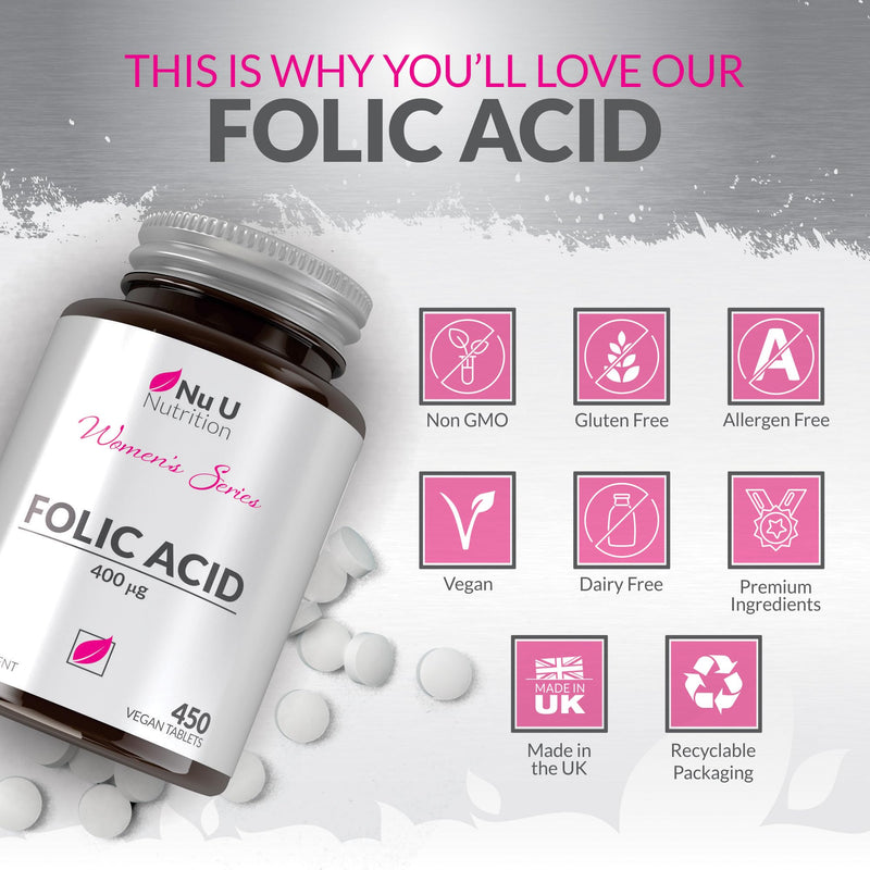 Folic Acid 400 mcg - 450 Vegan Tablets - 15 Month Supply - High Strength Pregnancy Vitamins for Women - Vitamin B9 Supports Maternal Tissue Growth During Pregnancy - Prenatal Vitamins - BeesActive Australia
