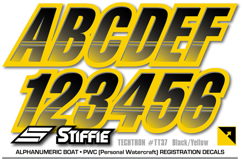 [AUSTRALIA] - Stiffie Techtron Black/Yellow 3" Alpha-Numeric Registration Identification Numbers Stickers Decals for Boats & Personal Watercraft 