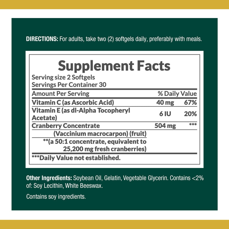 Cranberry Concentrate w/ Vitamin C by Nature's Bounty, Dietary Supplement, Supports Urinary Tract and Immune Health, 25200mg, 60 Rapid Release Softgels Cranberry with Vitamin C - BeesActive Australia