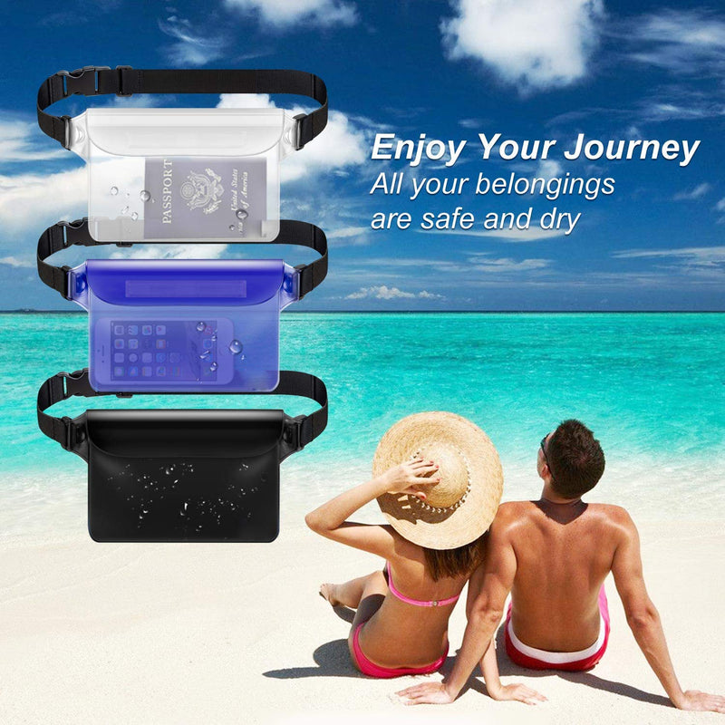 [AUSTRALIA] - KMDJG Waterproof Pouch with Waist Strap, 3 Pack Waterproof Fanny Pack Screen Touchable Dry Bag with Adjustable Belt for Phone Valuables for Boating Swimming Beach Pool Water Parks (Blue Clear Black) 