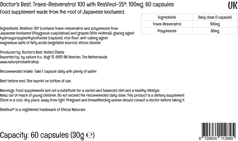 Doctor's Best, Trans-Resveratrol 100 with ResVinol, 100mg, 60 Vegan Capsules, Lab Tested, Gluten Free, SOYA Free, Vegetarian - BeesActive Australia