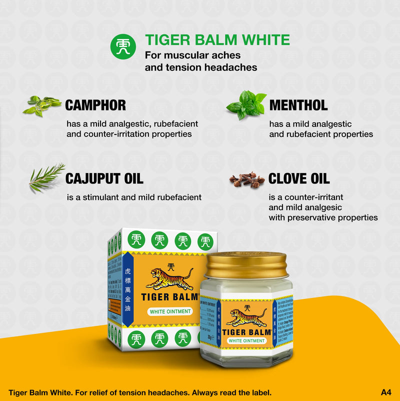 Tiger Balm White Ointment 30g - For the Treatment of Tension Headaches and Temporary Relief of Muscular Aches and Pains - BeesActive Australia