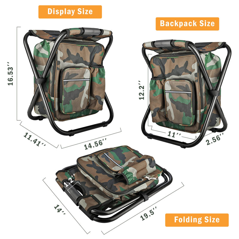 Folding Stool Backpack Insulated Cooler Bag, Collapsible Camping Hunting Fishing Multifunction Chair with Front Pocket and Bottle Pocket for Outdoor Events, Hiking, Travel, Beach Camouflage - BeesActive Australia