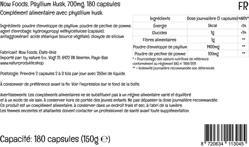 Now Foods, Psyllium Husk, 700mg, with Apple Pectin, Dietary Fibre, 180 Vegan Capsules, Lab-Tested, Gluten Free, SOYA Free, Vegetarian, Non-GMO - BeesActive Australia