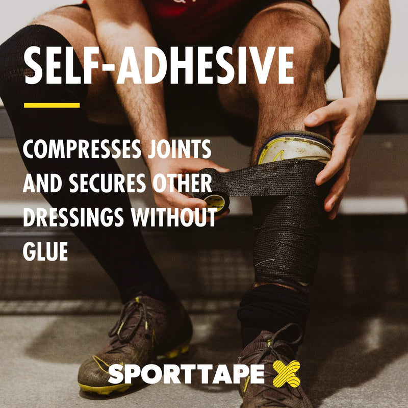 SPORTTAPE Cohesive Compression Bandage - Black - 10cm x 4.5m - Self Adhesive, Self-Adherent Vet Tape, Compression Wrap, Vet & Pet Wrap - Single Roll - BeesActive Australia