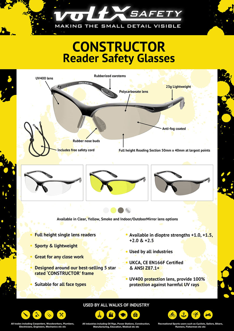 voltX 'Constructor' SAFETY READERS Full Lens Reading Safety Glasses UKCA & CE EN166f certified (+1.0 Dioptre, Mirror) � Wraparound Style � Anti fog coated UV400 lens +1.0 Dioptre Mirror - No Case - BeesActive Australia