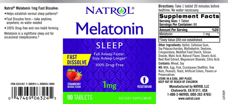 Natrol Melatonin Fast Dissolve Tablets, Helps You Fall Asleep Faster, Stay Asleep Longer, Easy to Take, Dissolves in Mouth, Strengthen Immune System, Maximum Strength, Strawberry Flavor, 1mg, 90 Count F/D Tablets 90 Count (Pack of 1) - BeesActive Australia