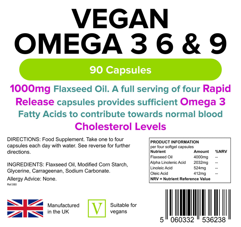 Lindens Vegan Omega 3, 6 & 9 Flaxseed 1000mg Softgel Capsules - 90 Capsules - Rapid-Release - UK Manufacturer, Letterbox Friendly - BeesActive Australia
