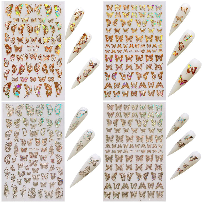 Butterfly Nail Art Stickers Decals 3D Butterfly Nail Art Adhesive Sticker Nail Art Supplies Laser Gold and Silver Butterfly Shapes Nail Art Decoration DIY Butterfly Stickers for Nails (8 Sheets) - BeesActive Australia