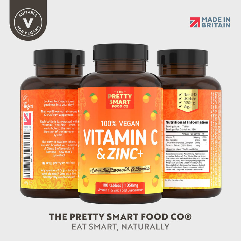 Powerful Vitamin C and Zinc Tablets - Vitamin C 1000mg with Zinc - 6 Month's Supply - Boosted with Citrus Bioflavonoids & Bamboo - For The Maintenance of a Normal Immune System - 180 Tablets - UK Made - BeesActive Australia