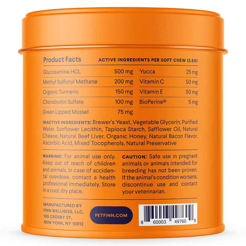 Finn Hip and Joint Supplement for Dogs | Glucosamine, Chondroitin & MSM for Arthritis, Inflammation, and Mobility Support | with Turmeric, BioPerine and B-Vitamins | 90 Soft Chew Treats - BeesActive Australia