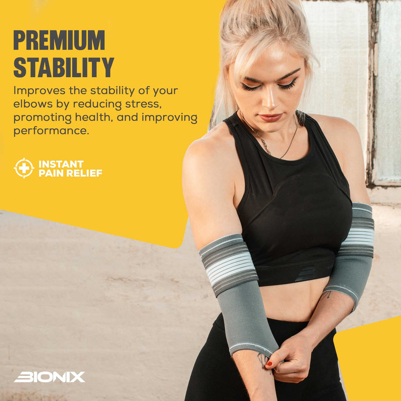 Bionix Elbow Support Brace - Compression Arm Supports for Tendonitis, Arthritis, Pain Relief for Tennis Elbow, Golfers Elbow, Weightlifting, Gym - Adjustable Elbow Support for Men Women Pack of 2 - S S (Pack of 2) - BeesActive Australia