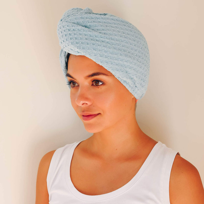 Aquis Luxe Waffle Hair Turban, Patented Perfect Hands-Free Microfiber Hair Drying for All Hair Types, Dream Boat Blue (19 x 42 Inches) - BeesActive Australia